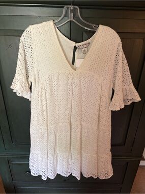 Flying Tomato White Eyelet V-Neck Ruffle Sleeve Dress